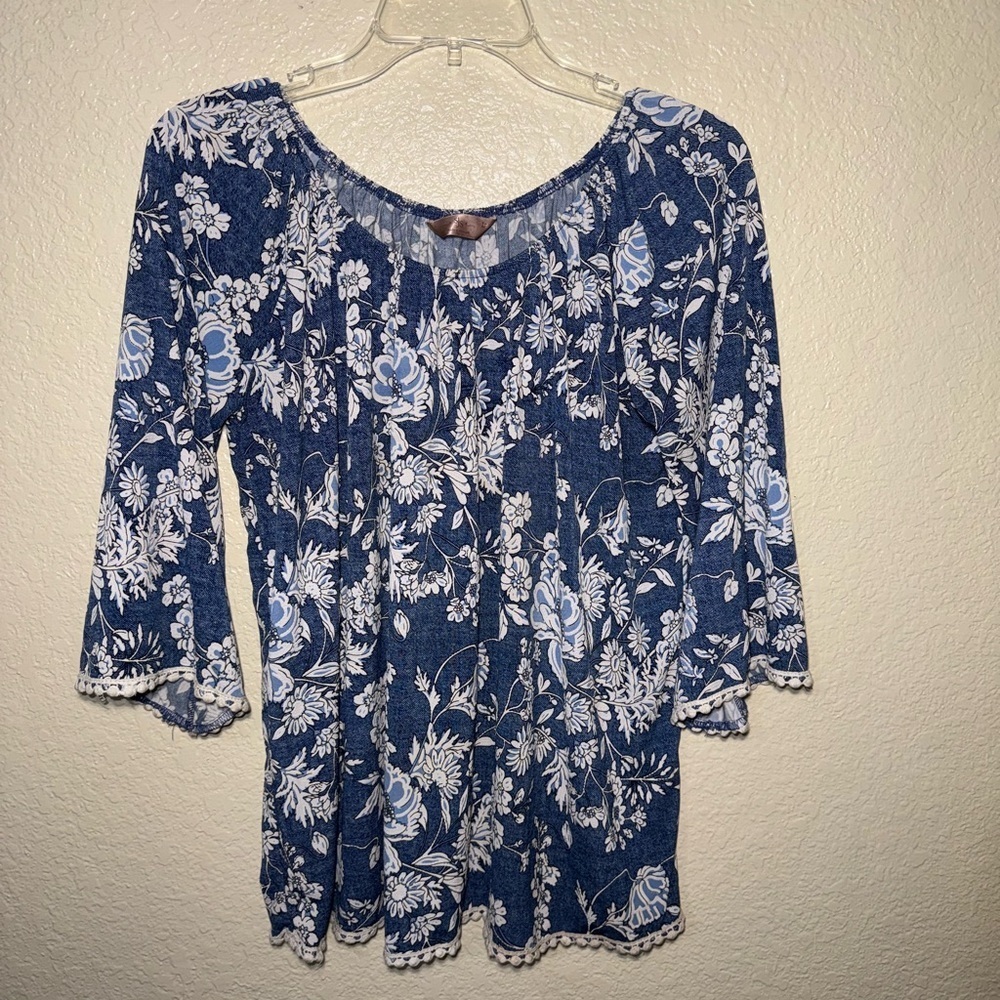 Blue Floral Boho Blouse Large Cottagecore Peasant Bell Sleeve Top